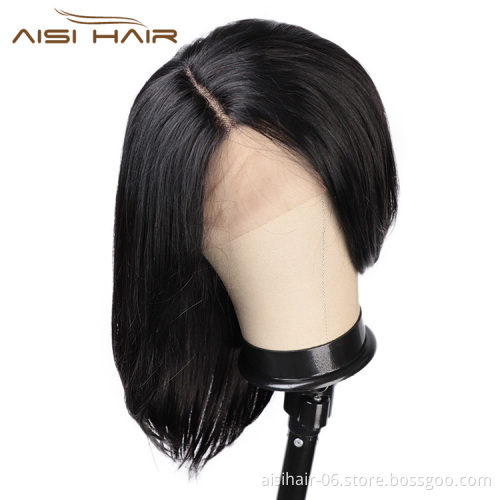 Aisi Hair 16 Inch Medium Long Natural Black Swiss Lace Wig Natural Straight Brazilian Human Hair Lace Front Wigs For Black Women